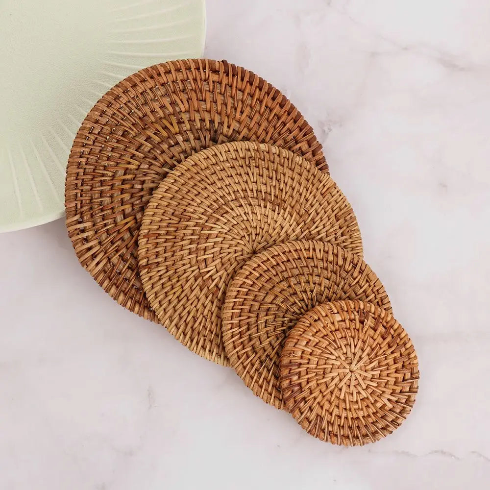 Kitchen Table Rattan Mats Insulation Coasters Pan Pot Bowl Pads Cushion Round Placemats Handmade Table Accessories