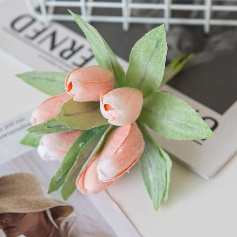 Pink 6PCS Artificial Flowers Silk Tulip Bouquet for Home Party Festive Decoration Wedding Decorative Wreaths Christmas Scrapbook