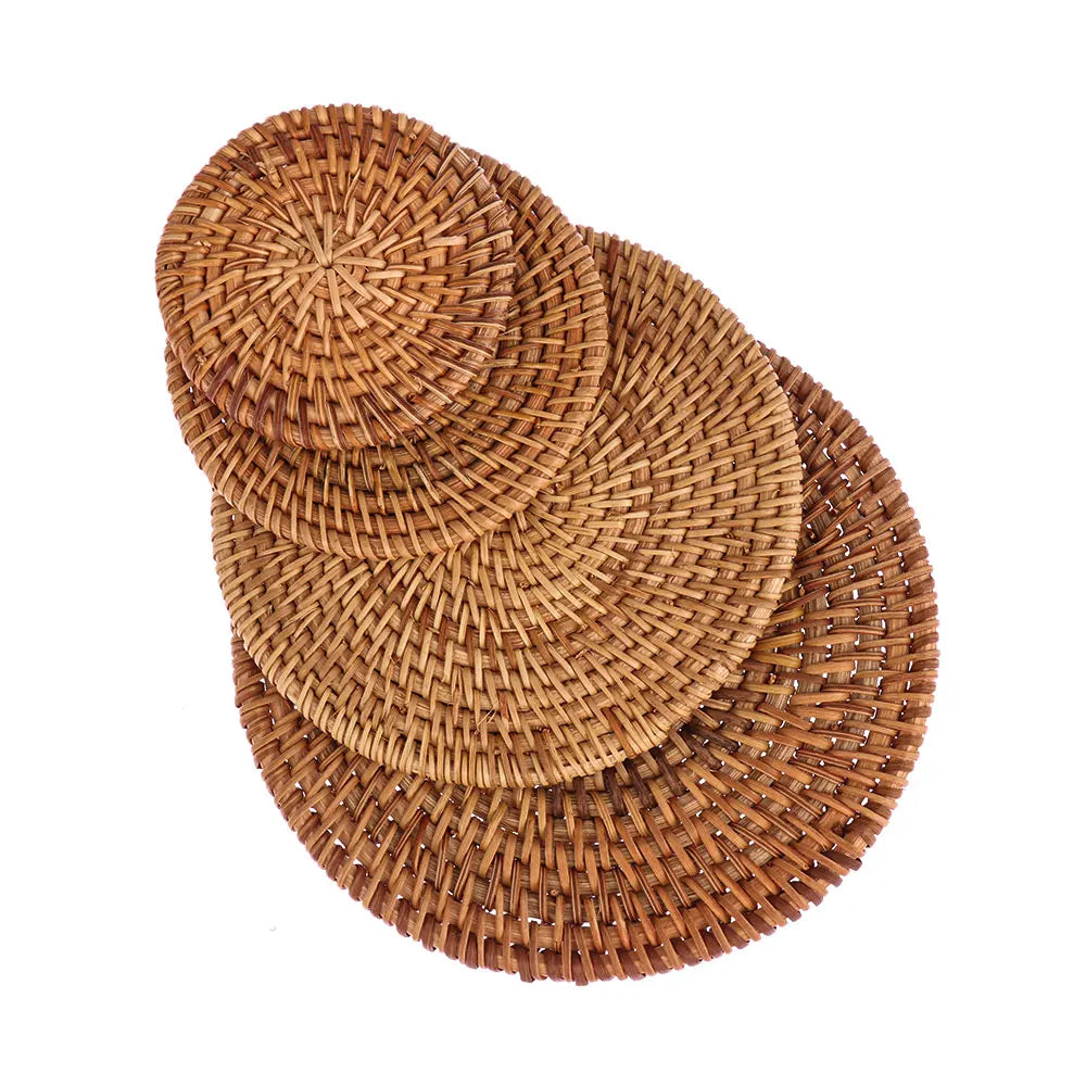 Kitchen Table Rattan Mats Insulation Coasters Pan Pot Bowl Pads Cushion Round Placemats Handmade Table Accessories