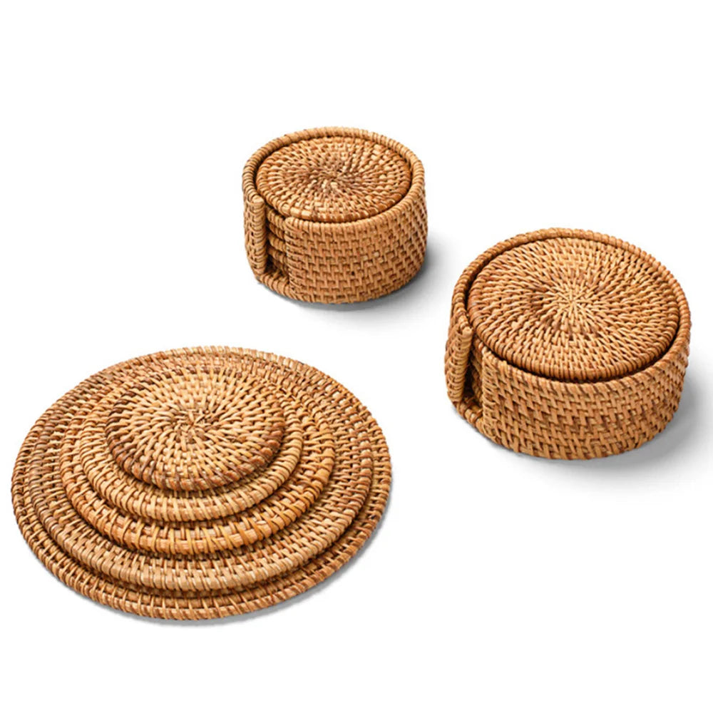 Kitchen Table Rattan Mats Insulation Coasters Pan Pot Bowl Pads Cushion Round Placemats Handmade Table Accessories