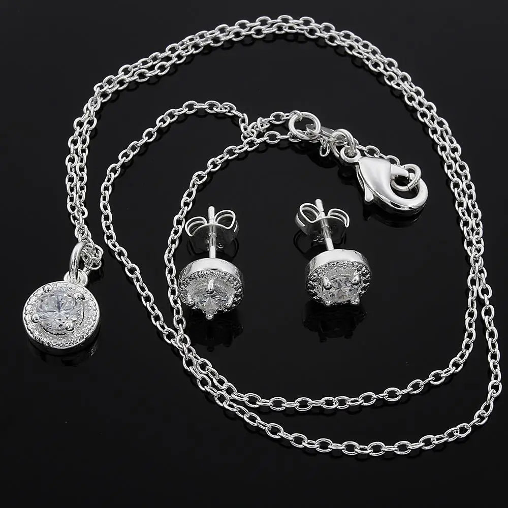 Sterling Silver Necklace Earring Set Promotion Lover Gifts Cute Fashion Noble Women Shiny Crystal Cz Jewelry Set Wedding