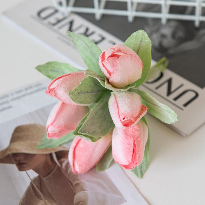 Pink 6PCS Artificial Flowers Silk Tulip Bouquet for Home Party Festive Decoration Wedding Decorative Wreaths Christmas Scrapbook