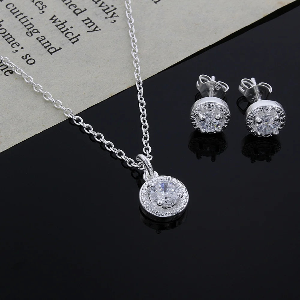 Sterling Silver Necklace Earring Set Promotion Lover Gifts Cute Fashion Noble Women Shiny Crystal Cz Jewelry Set Wedding