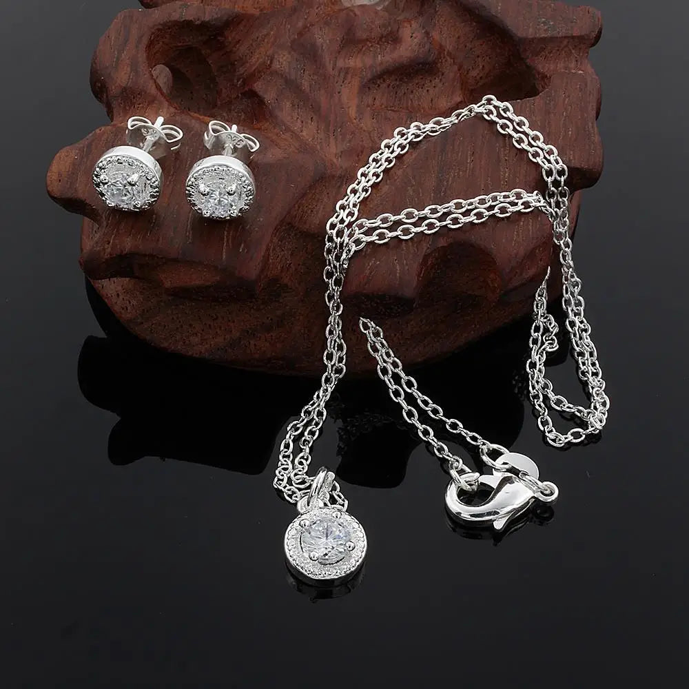 Sterling Silver Necklace Earring Set Promotion Lover Gifts Cute Fashion Noble Women Shiny Crystal Cz Jewelry Set Wedding