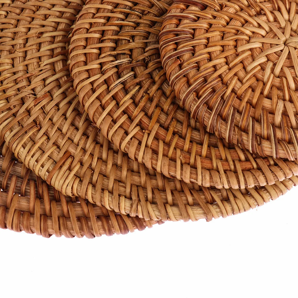Kitchen Table Rattan Mats Insulation Coasters Pan Pot Bowl Pads Cushion Round Placemats Handmade Table Accessories