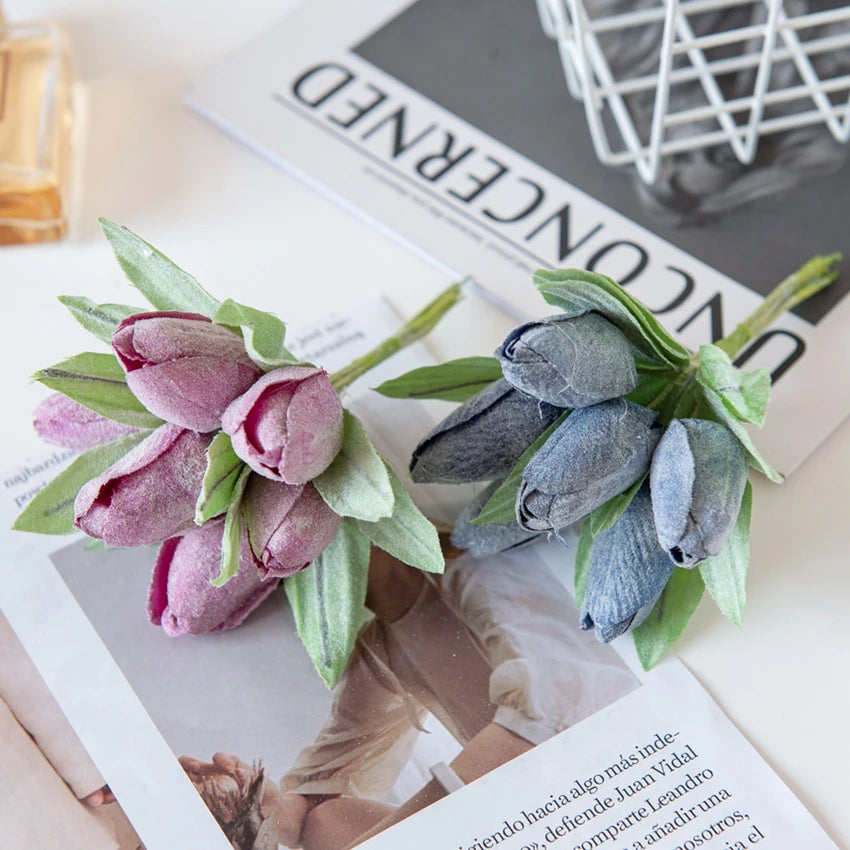 Pink 6PCS Artificial Flowers Silk Tulip Bouquet for Home Party Festive Decoration Wedding Decorative Wreaths Christmas Scrapbook