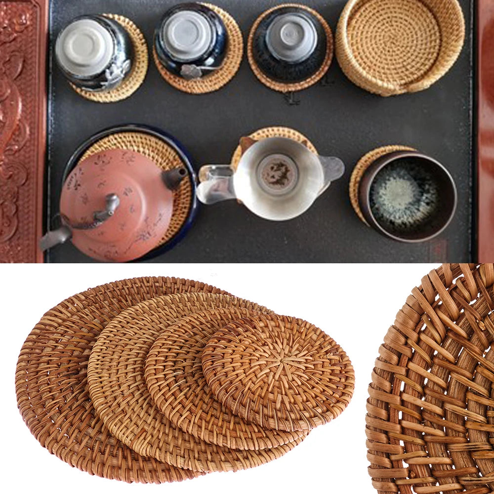 Kitchen Table Rattan Mats Insulation Coasters Pan Pot Bowl Pads Cushion Round Placemats Handmade Table Accessories