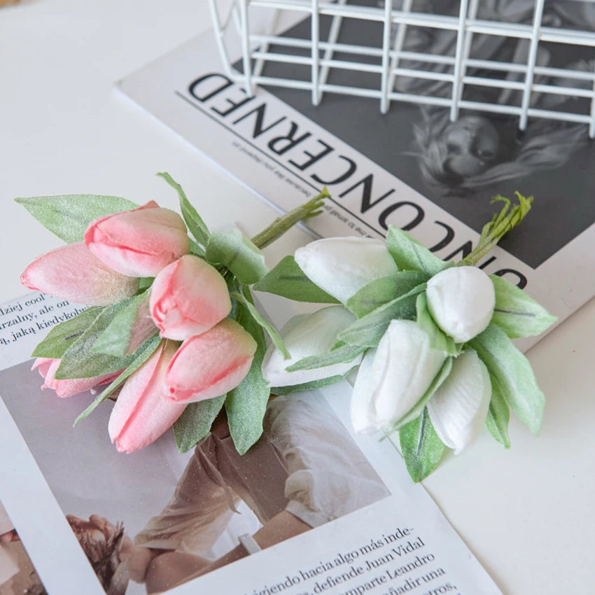 Pink 6PCS Artificial Flowers Silk Tulip Bouquet for Home Party Festive Decoration Wedding Decorative Wreaths Christmas Scrapbook