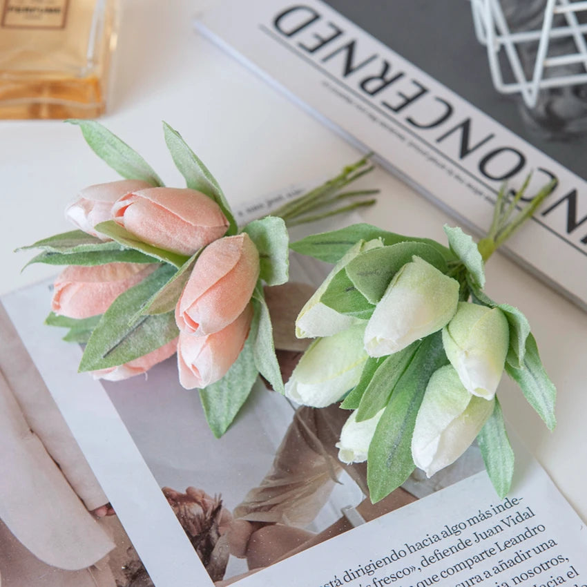 Pink 6PCS Artificial Flowers Silk Tulip Bouquet for Home Party Festive Decoration Wedding Decorative Wreaths Christmas Scrapbook