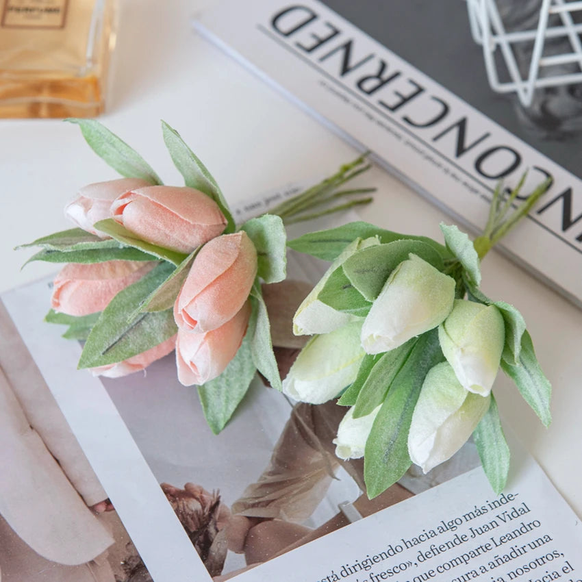 Pink 6PCS Artificial Flowers Silk Tulip Bouquet for Home Party Festive Decoration Wedding Decorative Wreaths Christmas Scrapbook