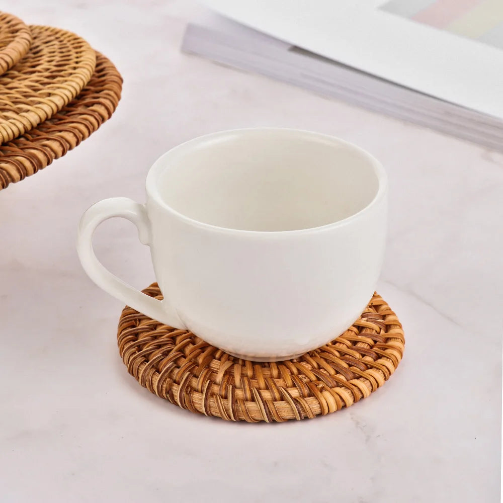 Kitchen Table Rattan Mats Insulation Coasters Pan Pot Bowl Pads Cushion Round Placemats Handmade Table Accessories