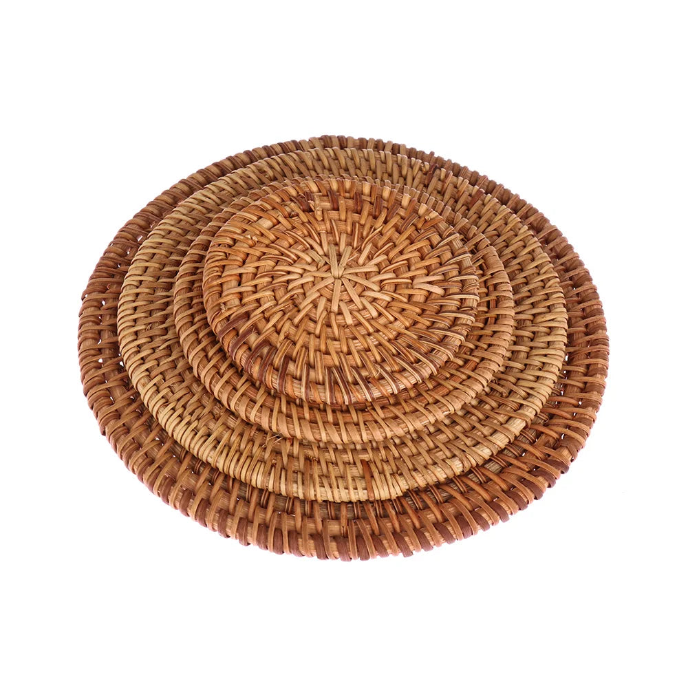 Kitchen Table Rattan Mats Insulation Coasters Pan Pot Bowl Pads Cushion Round Placemats Handmade Table Accessories