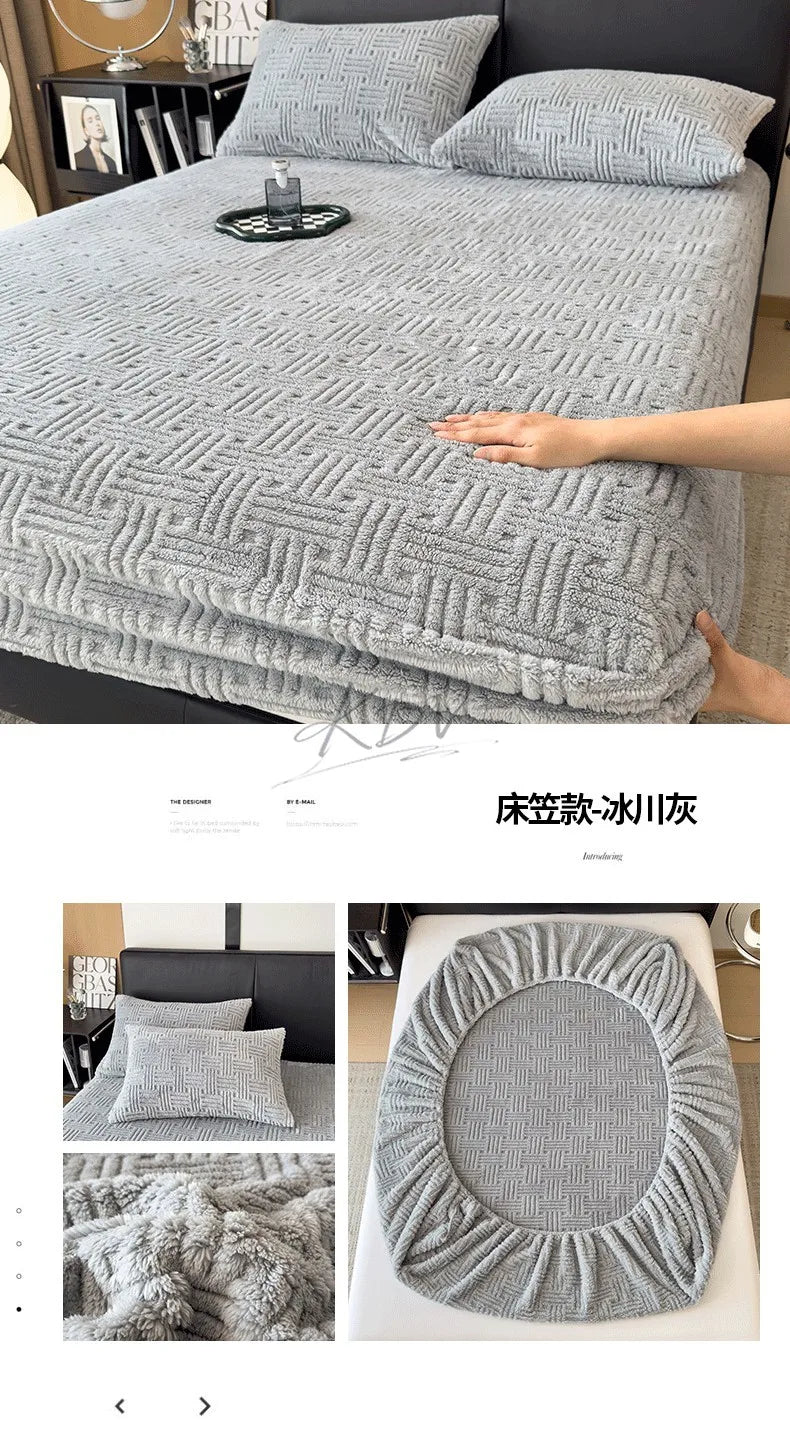 Winter Embossed Plush Fitted Sheet Soft Warm Coral Velvet Mattress Protector Cover Queen Size Deep Pocket Elastic Bed Sheet Set