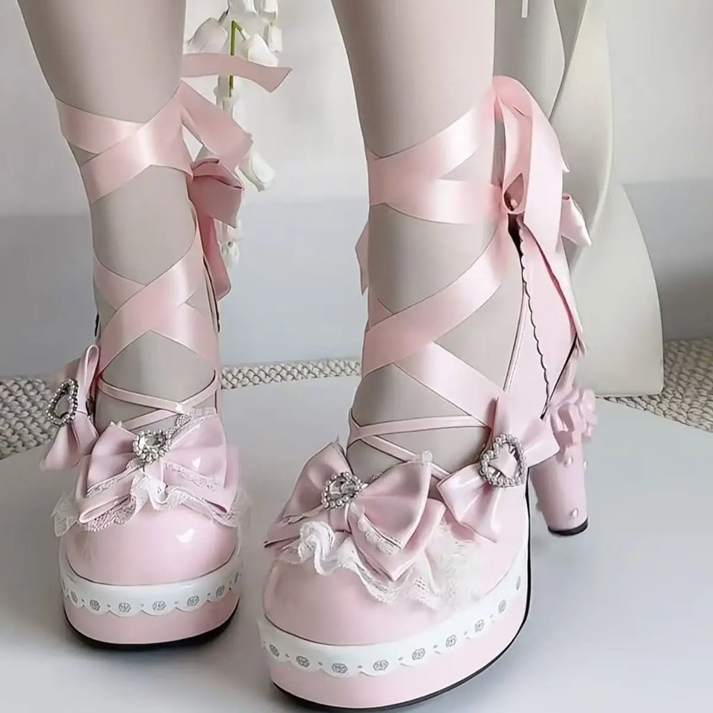 Original Sweet Lolita High Heels Fairy Style Japanese Cosplay Women Leather Shoe 5cm Design Bow Rhinestone Street Shoes Y2k