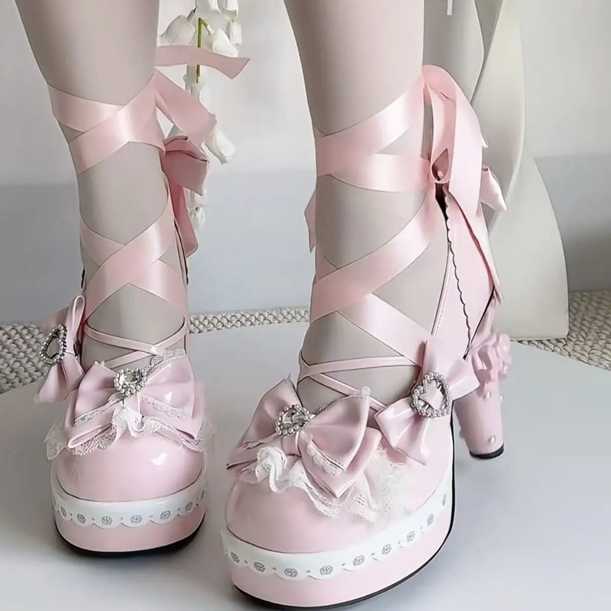 Original Sweet Lolita High Heels Fairy Style Japanese Cosplay Women Leather Shoe 5cm Design Bow Rhinestone Street Shoes Y2k