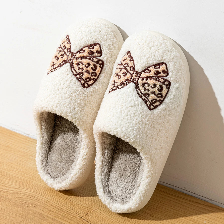 Women's Bow Slippers Warm Pattern Winter Indoor Soft Sole Home Cute Classic Embroidered Comfy casual Fuzzy Bedroom Girls Shoes