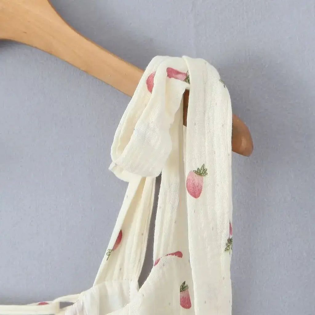 Women Sexy Beige Strawberry Tie Bow Strap Dress Cross Lacing Up Back Slim Waist Wood ears Swing Cake Mini Robe Vestidos