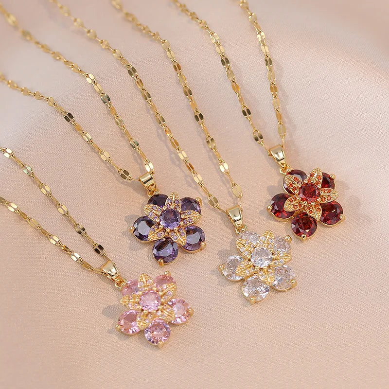 Shiny Zircon Romantic Flower Pendant Necklace For Women Gold Plated Rotatable Flowers Choker Girls Wedding Party Luxury Jewelry