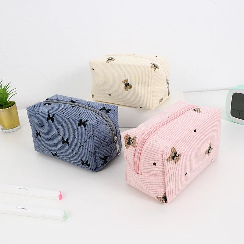 Kawaii Corduroy Travel Cosmetic Lipstick Skincare Storage Bag Toiletry Kit Women Makeup Handbags Organizer Pouch Bag Pencil Case