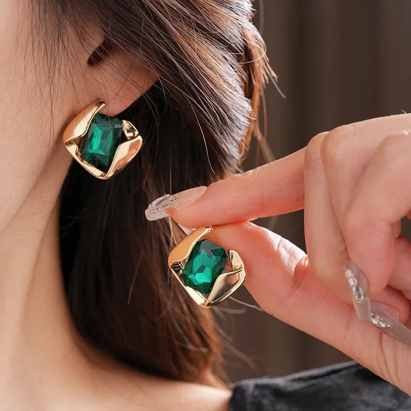 Green Fashion Wedding Jewelry Set Square Earring Retro Light Luxury Temperament Collarbone Chain Necklace