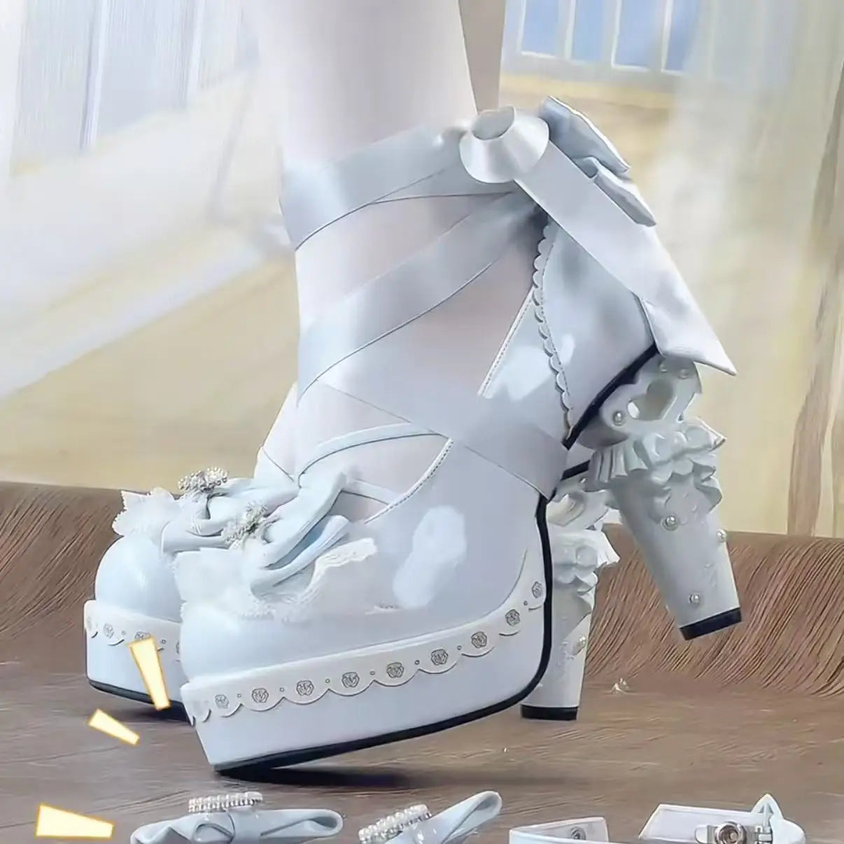 Original Sweet Lolita High Heels Fairy Style Japanese Cosplay Women Leather Shoe 5cm Design Bow Rhinestone Street Shoes Y2k