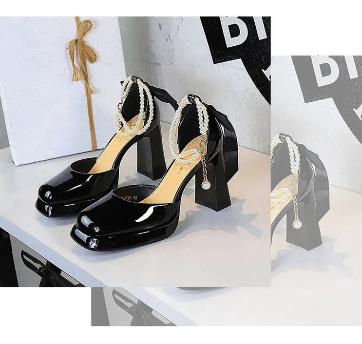 Square Toe Sandals Women 9CM Thick High Heel Summer Party Dress Shoes With White Bowknot Ankle Pearl Chain Platform Ladies Shoes