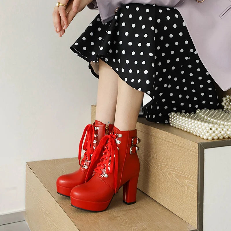 Winter Pink White Red Platform Ankle Boots Women High Chunky Heel Party Dress Lady Buckle Zipper Platform Short Motorcycle Boots