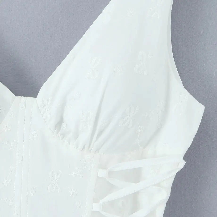 Sexy White Embroidery Floral Corset style Boning Tank Dress Women Cross Lacing up Bow Slim Waist Swing Short Dresses Vestdios