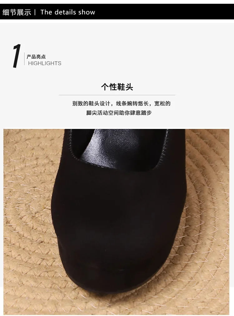 Large Size 42 Sexy Super High Heels Shoes for Women Ankle Buckle Chunky Platform Pumps Woman Black Flock Square Heel Party Shoes