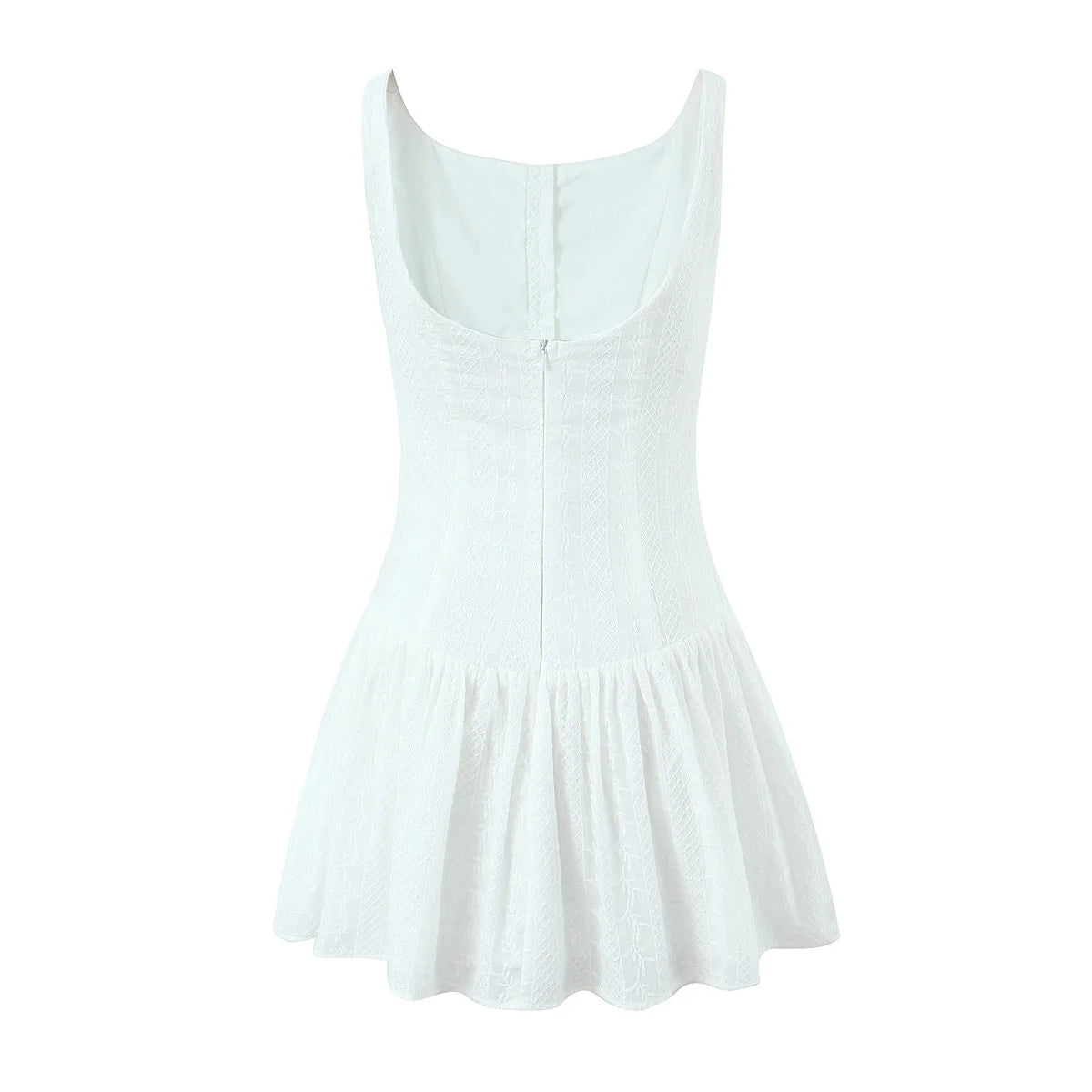 2024 Sexy White Embroidery Lace Low Waist Mini Tank Dress Women Open Buttons Neck Bodycon Sleeveless Ruched Hem Swing Party Robe