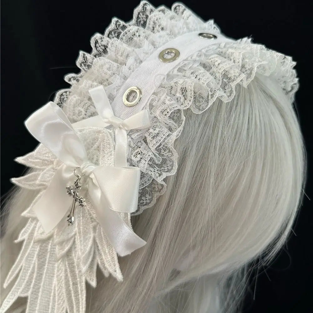 New Lolita Cat Ears Headband Lace Cosplay Head Wrap Bow Headdress Women