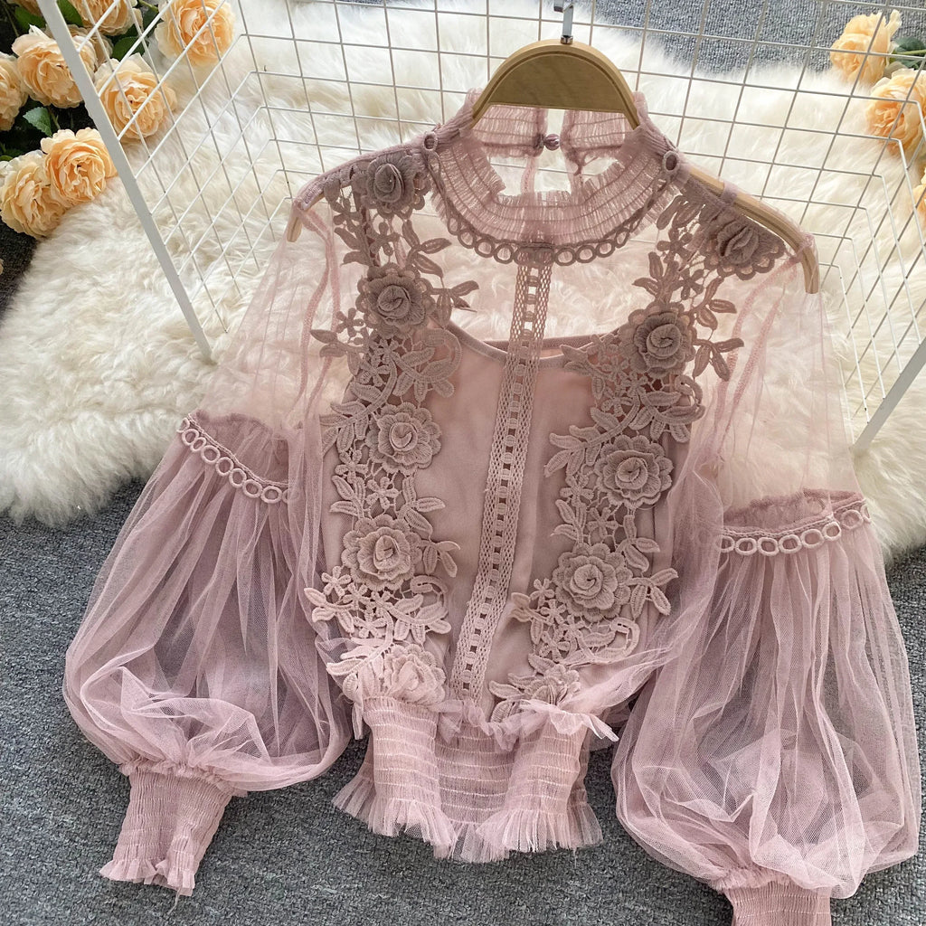 Lace Puff Long Sleeve Blouse Vintage Fashion Blouses Elegant Femme Blusas Korean Woman Tops Women Shirts Clothing Dropshipping