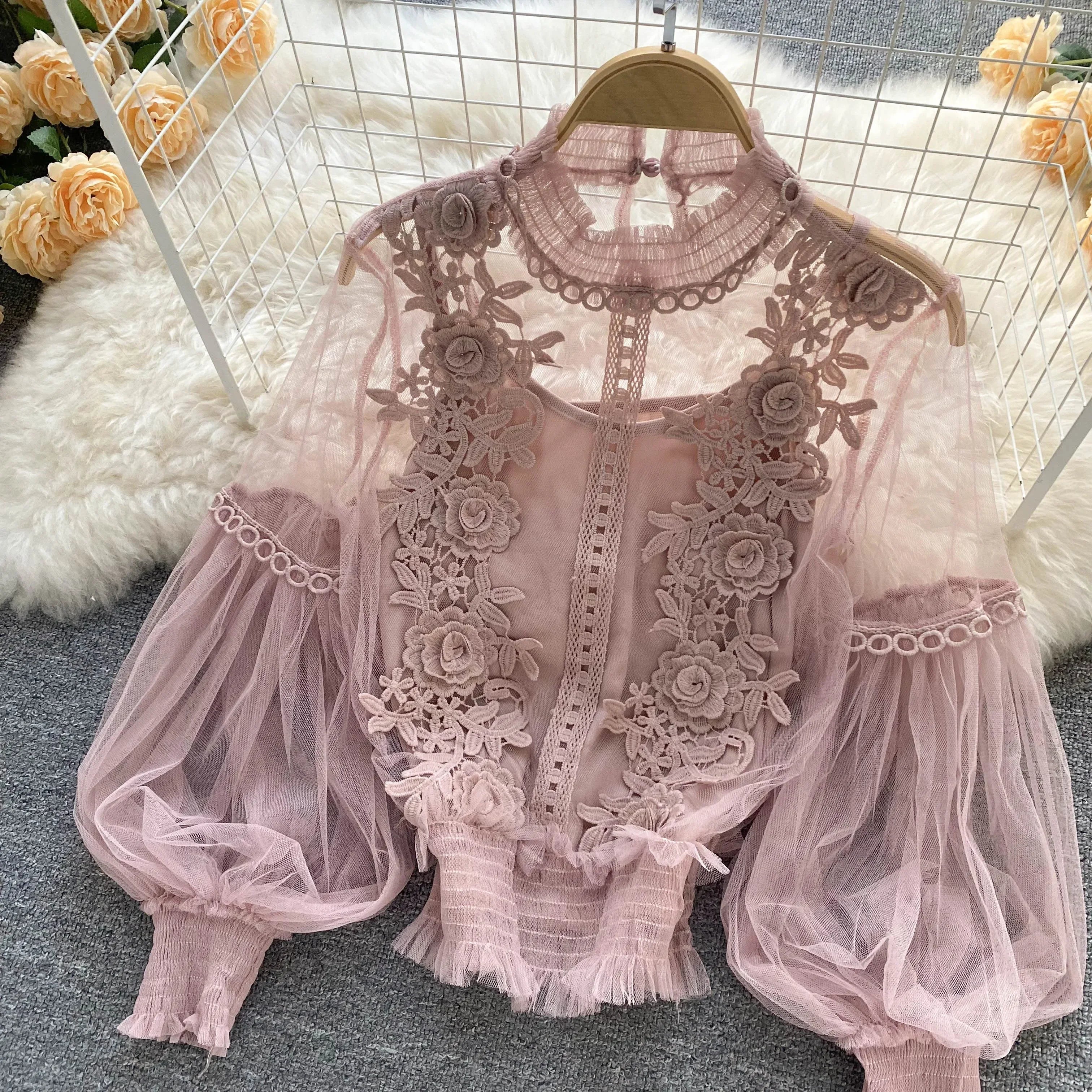 Lace Puff Long Sleeve Blouse Vintage Fashion Blouses Elegant Femme Blusas Korean Woman Tops Women Shirts Clothing Dropshipping