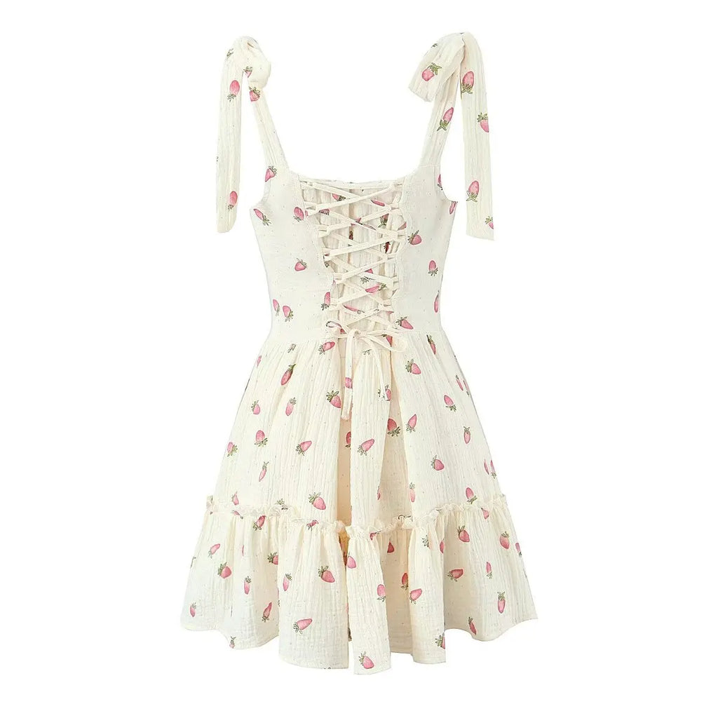 Women Sexy Beige Strawberry Tie Bow Strap Dress Cross Lacing Up Back Slim Waist Wood ears Swing Cake Mini Robe Vestidos