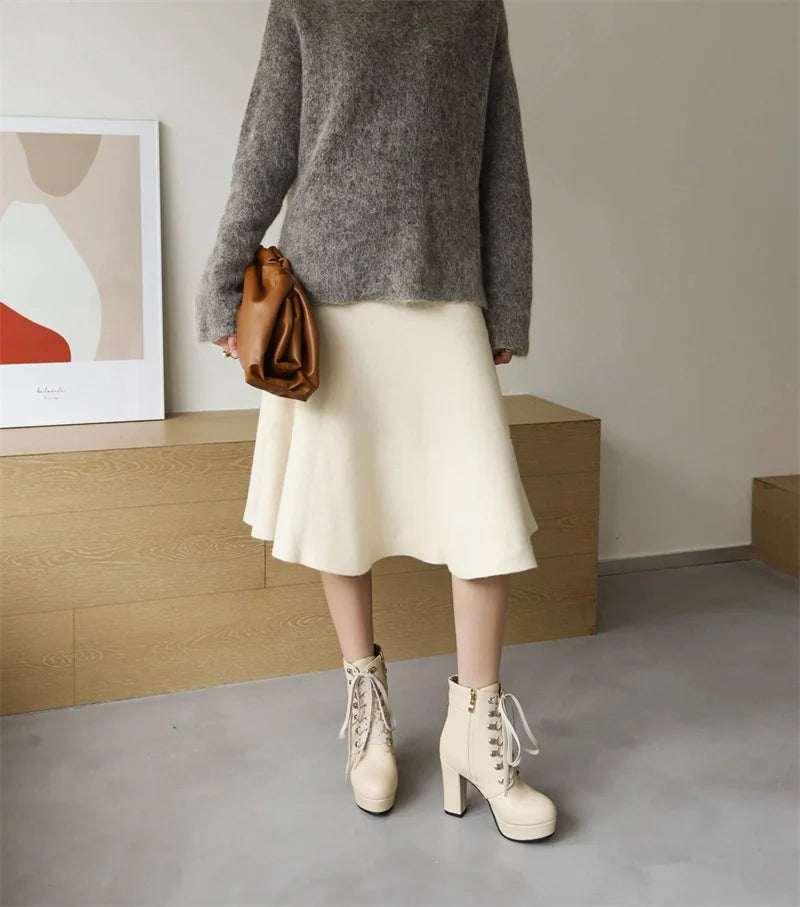 Winter Pink White Red Platform Ankle Boots Women High Chunky Heel Party Dress Lady Buckle Zipper Platform Short Motorcycle Boots