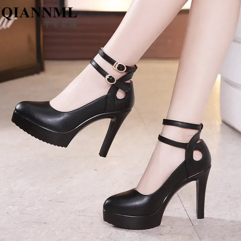 11cm Small Size 32-43 Double Ankle Buckle Soft Leather Shoes Platform Pumps 2025 Block High Heels Shoes for Office Model Dress