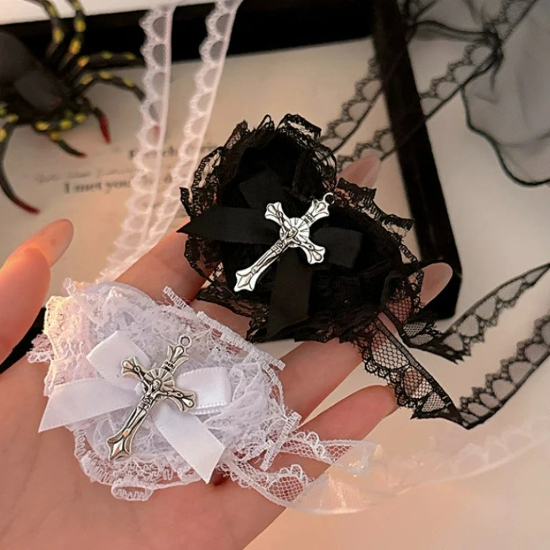 Black White Cross Eye Mask Women Lolita Heart Bowknot Lace Necklace Eye Patch Gothic Vibe Eyewear Punk Cosplay Party Accessories