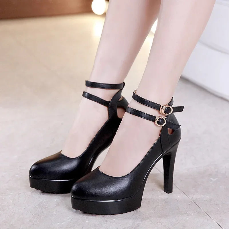 11cm Small Size 32-43 Double Ankle Buckle Soft Leather Shoes Platform Pumps 2025 Block High Heels Shoes for Office Model Dress