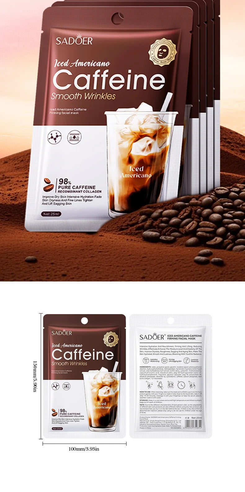 Caffeine Face Mask Anti Wrinkles Moisturizing Hydrating Anti-aging Facial Masks Face Sheet Mask Skin Care Products