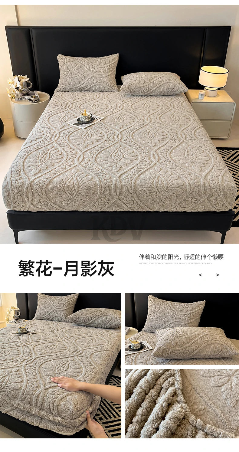 European Style Jacquard Taffeta Fitted Sheet Winter Warm Soft Plush Mattress Protector with Deep Pockets Floral Queen Bed Sheets
