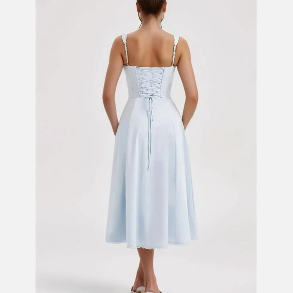 2024 Sexy Sky blue Splice Lace Bow Ruched Chest Corset Style Sling Dress Cross Bandage Lacing Up Back Hem Slit Midi Robe Women