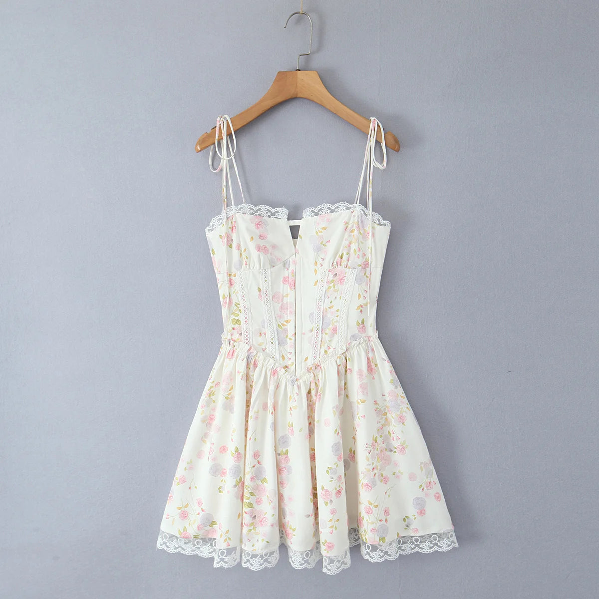 Summer 2025 Women Lace Spliced Floral Print Sling Mini Dress Low Waist A-line Sexy Elegant Party Dresses Holiday Robe