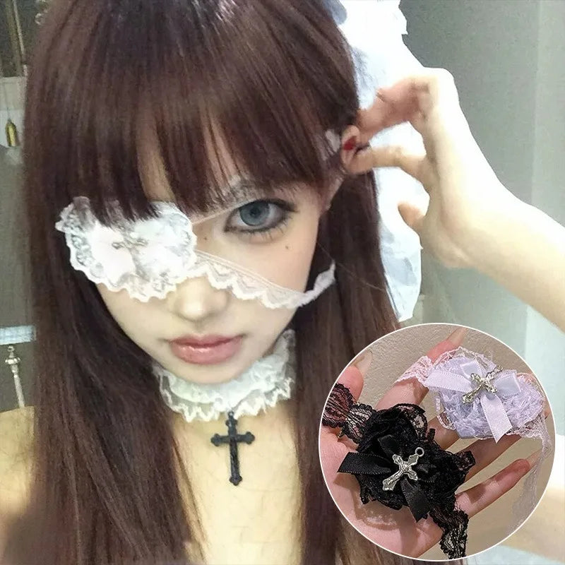 Vintage Punk Heart Bow Cross Eye Mask for Women Lolita Eye Patch Gothic Cosplay Decoration Lace Eyewear Leg Chain Accessories