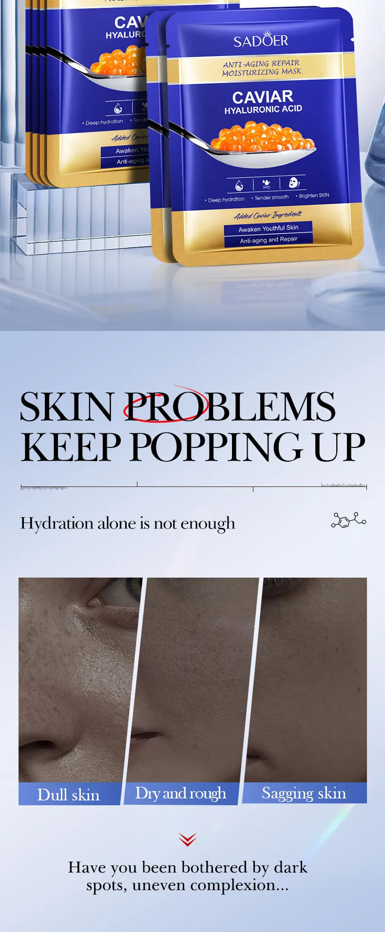 5pcs  Caviar Hyaluronic Acid Moisturizing Facial Masks Brightening Firming Hydrating Face Mask Facial Skin Care Products