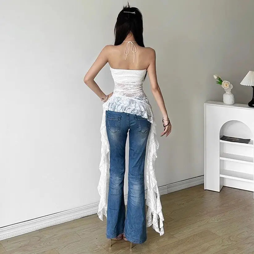 Summer Women Sexy Lace Splice Tube Top Vest Irregular Ruffle Hem Slim Fit Pure Desire Spicy Style Fashion Outwear Tops