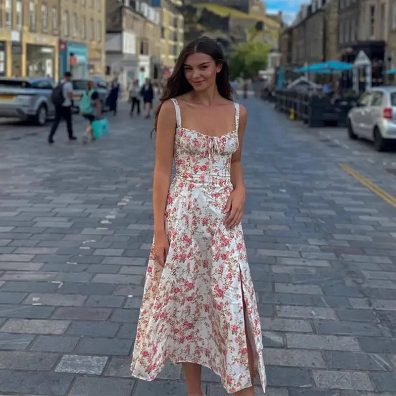 Sexy Floral Print Corset Long Dress Women's Slips Dresses Female Bandage Spring Summer Y2K Summer Holiday Vacatioin White Pink