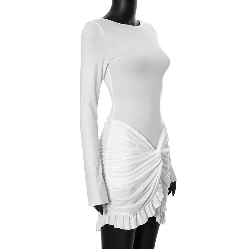 Ruched Bodycon Dress Women Sexy Long Sleeve Twist Ruffles Hem Mini Y2k Dresses Autumn White Elegant