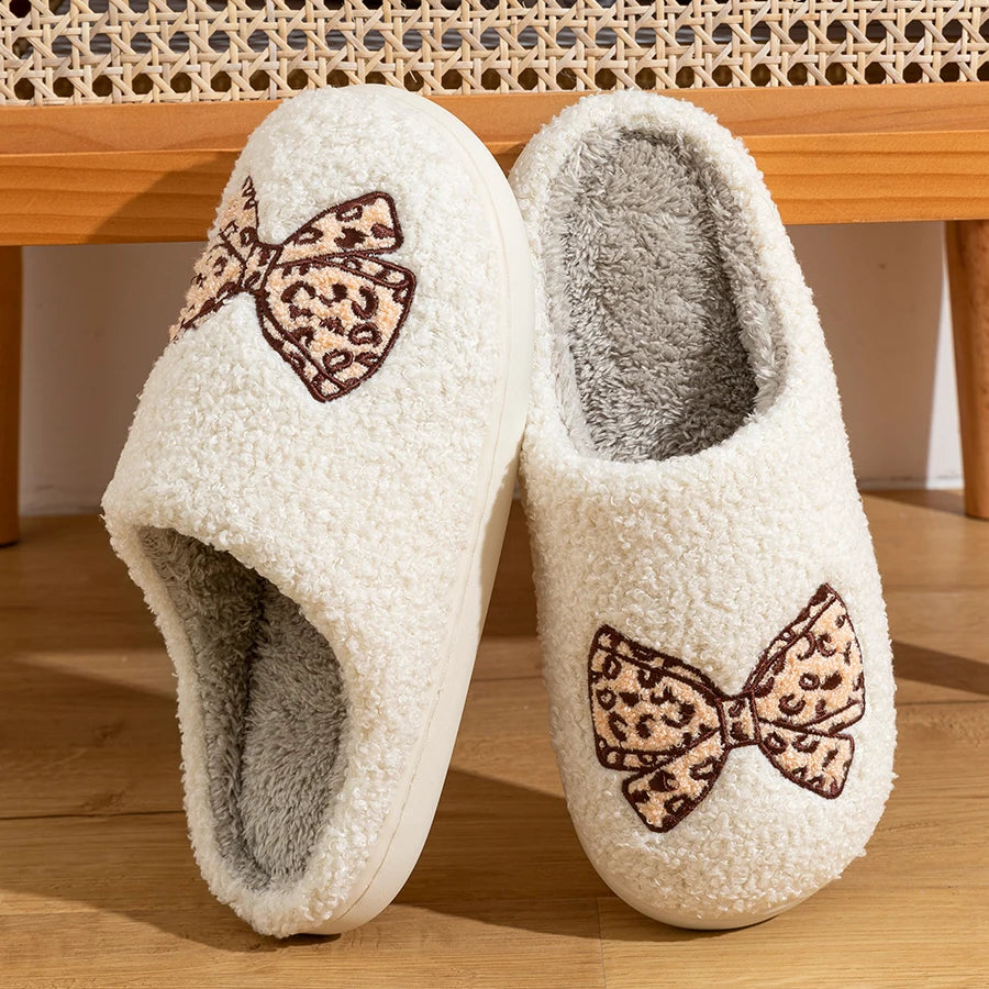 Women's Bow Slippers Warm Pattern Winter Indoor Soft Sole Home Cute Classic Embroidered Comfy casual Fuzzy Bedroom Girls Shoes