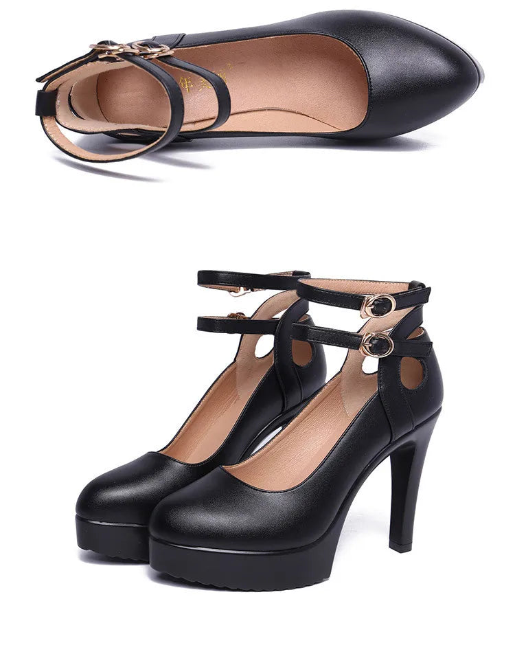11cm Small Size 32-43 Double Ankle Buckle Soft Leather Shoes Platform Pumps 2025 Block High Heels Shoes for Office Model Dress
