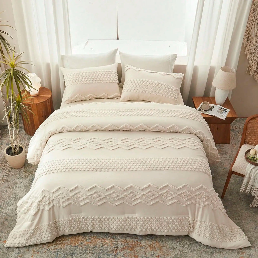 Boho Tufted Comforter Set King Size For Room Deocr And Valentine's Day 3 Pieces White Shabby Chic Comforter Farmhouse Embroidery